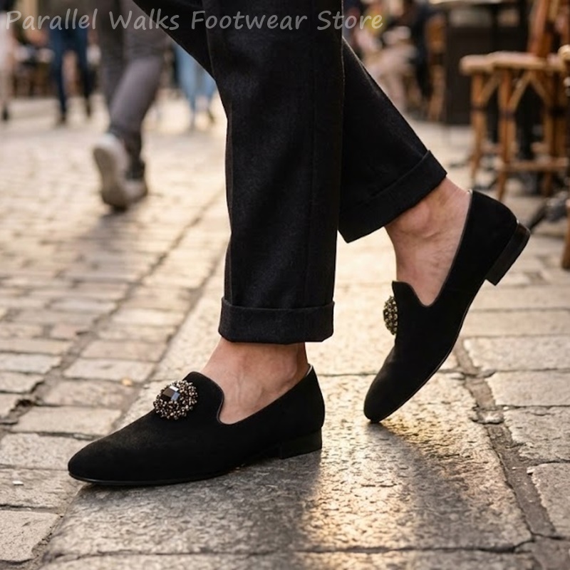 Men Shoes For Wedding - メンズスエードローファー ラインストーンクリスタル装飾 スリップオン ドレスシューズ ローヒール フォーマル