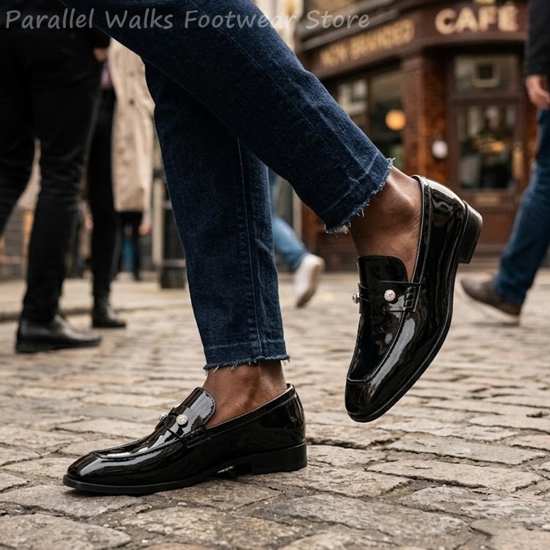 Men Shoes For Wedding - メンズブラックパテントフェイクスエードラインストーンローファー スリッポン ドレスシューズ クリスタル スマートカジュアル タキシード