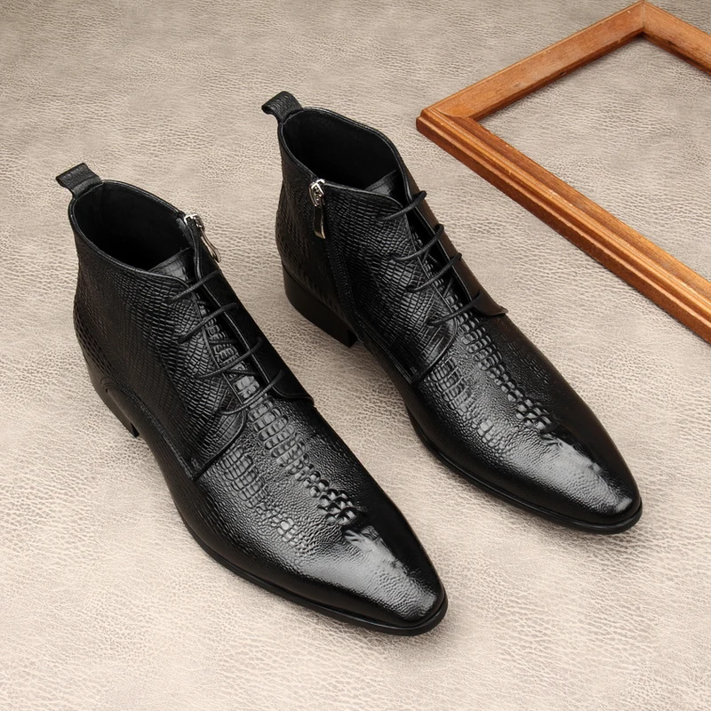 Men Shoes For Wedding - 高級メンズ本革ブーツ クロコダイル柄 ハンドメイド 高品質 2025年冬 暖かい