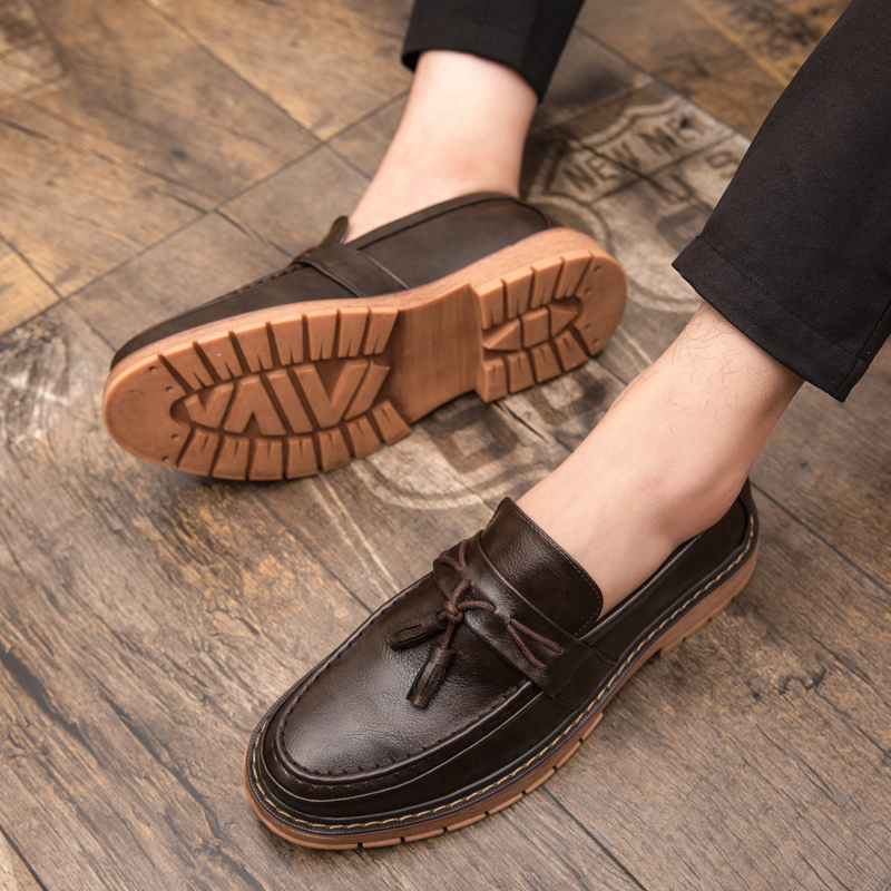 Boat Shoe Leather - 新しいスリッポン厚底カジュアルレザーシューズ、ブリティッシュレトロラウンドヘッドハンドメイドレザーフリンジ付きレイジーローファー（メンズ）