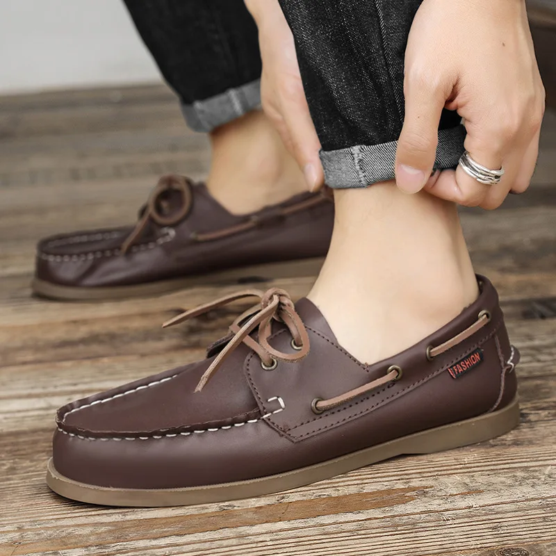 男性用の本革モカシン,カジュアルなビジネスシューズ,柔らかい - Boat Shoe Leather のレビューと価格