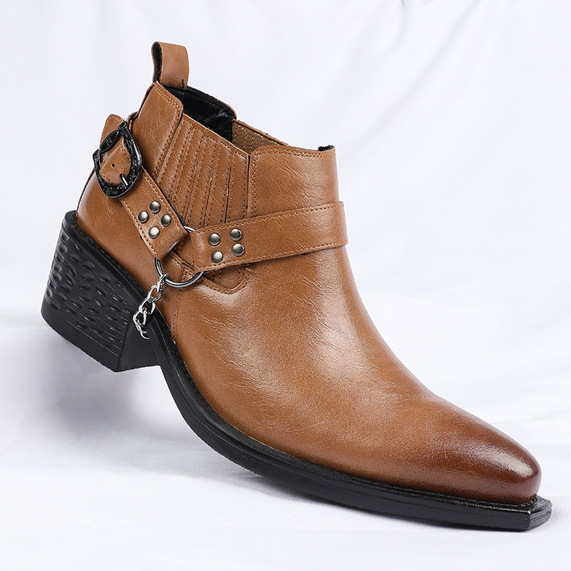 新しいブラウン/ブラック牛革ブーツ金属チェーンデザインメンズ - Men Shoes For Wedding のレビューと価格