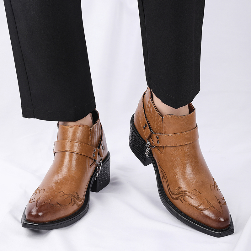 新しいブラウン/ブラック牛革ブーツ金属チェーンデザインメンズ - Men Shoes For Wedding のレビューと価格