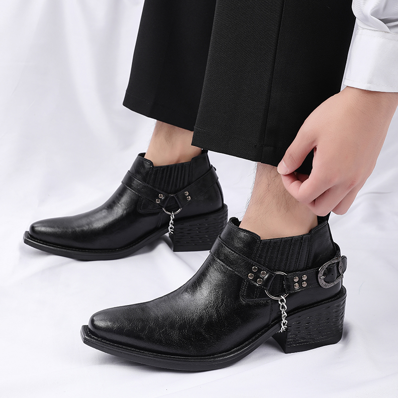 新しいブラウン/ブラック牛革ブーツ金属チェーンデザインメンズ - Men Shoes For Wedding のレビューと価格