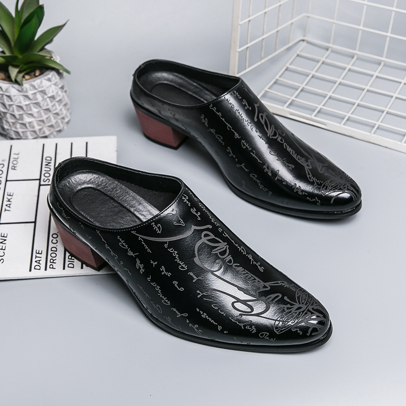 メンズブラウンレザーミュールスリッパレトロレタープリントポイ - Men Shoes Office のレビューと価格
