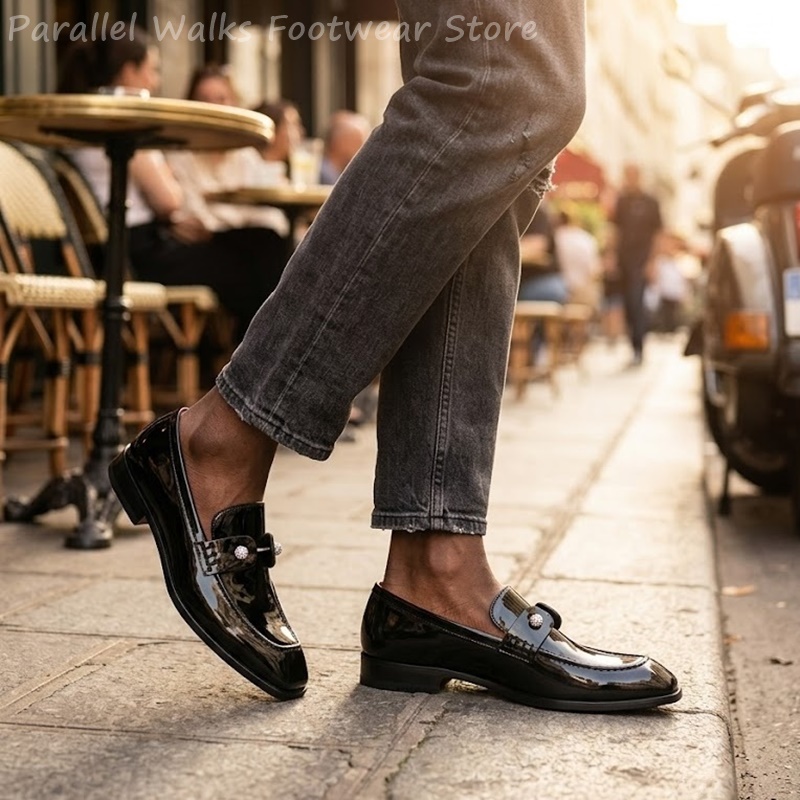 メンズブラックパテントフェイクスエードラインストーンローファ - Men Shoes For Wedding のレビューと価格