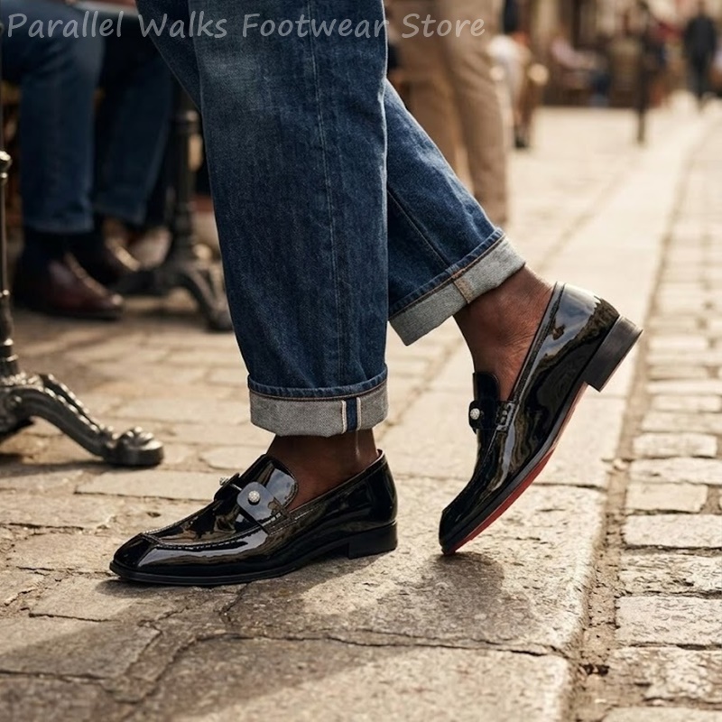 メンズブラックパテントフェイクスエードラインストーンローファ - Men Shoes For Wedding のレビューと価格