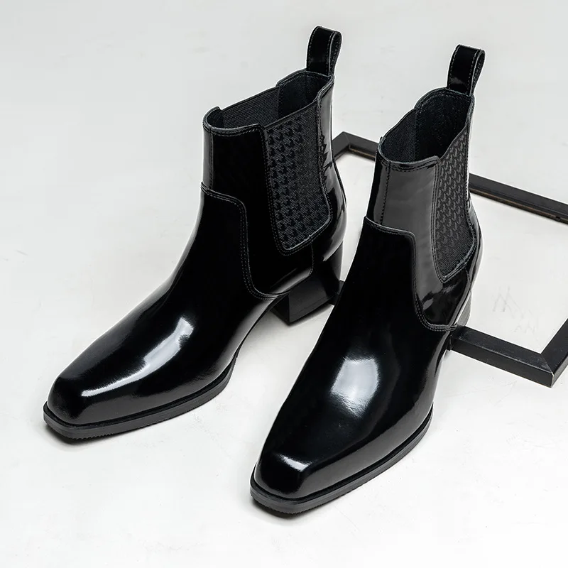 高級パテントレザー メンズ アンクルブーツ ヒール付き 本革 - Men Shoes For Wedding のレビューと価格
