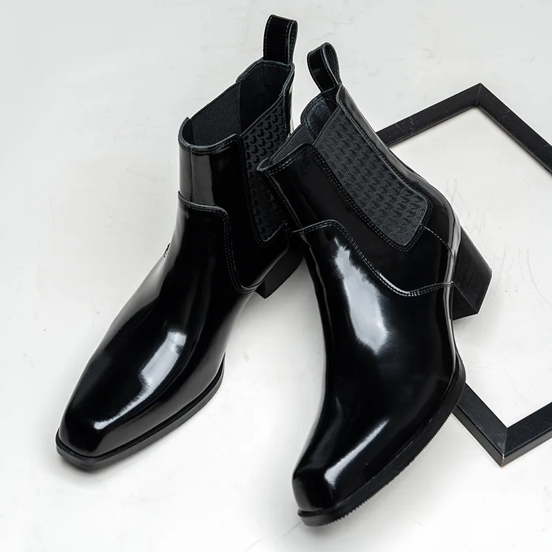 高級パテントレザー メンズ アンクルブーツ ヒール付き 本革 - Men Shoes For Wedding のレビューと価格